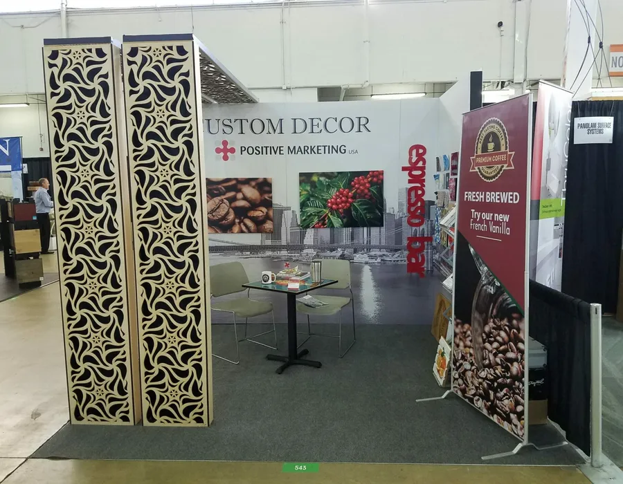 CNC-cut decorative columns on a Custom Decor trade show booth in Dallas