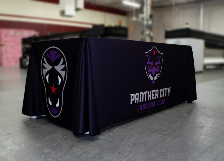 Custom dye sublimated fabric table throw for Panther City Lacrosse Club Dallas