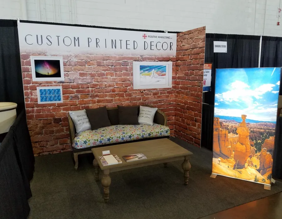 Custom printed decor booth lounge with backlit display printed in Dallas