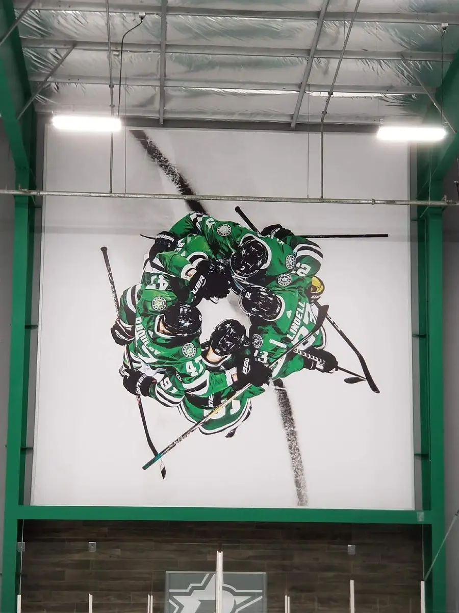 Dallas Stars team huddle wall mural printed in large format inside the practice facility