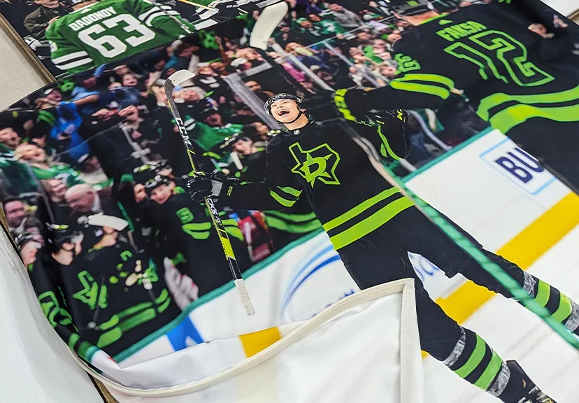 Dye-sublimated SEG fabric graphic with silicone edge printed for the Dallas Stars