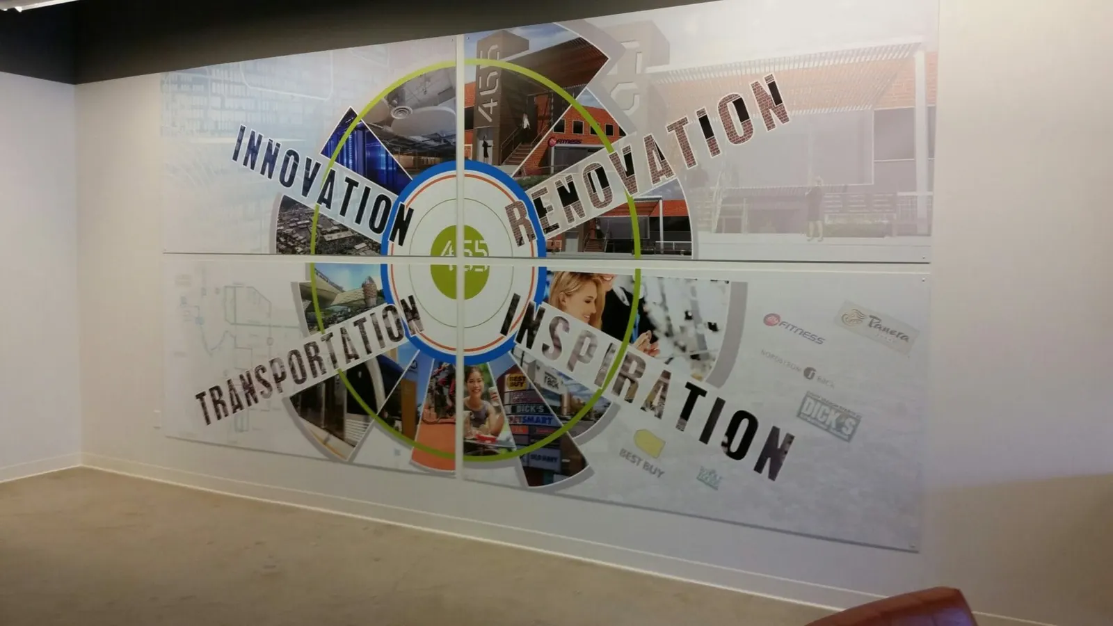 Flatbed printed rigid wall panels forming an office mural in Dallas by Positive Marketing USA