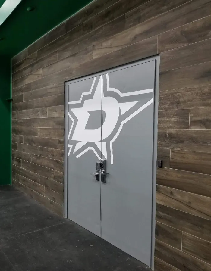 Frosted vinyl door graphic with the Dallas Stars logo