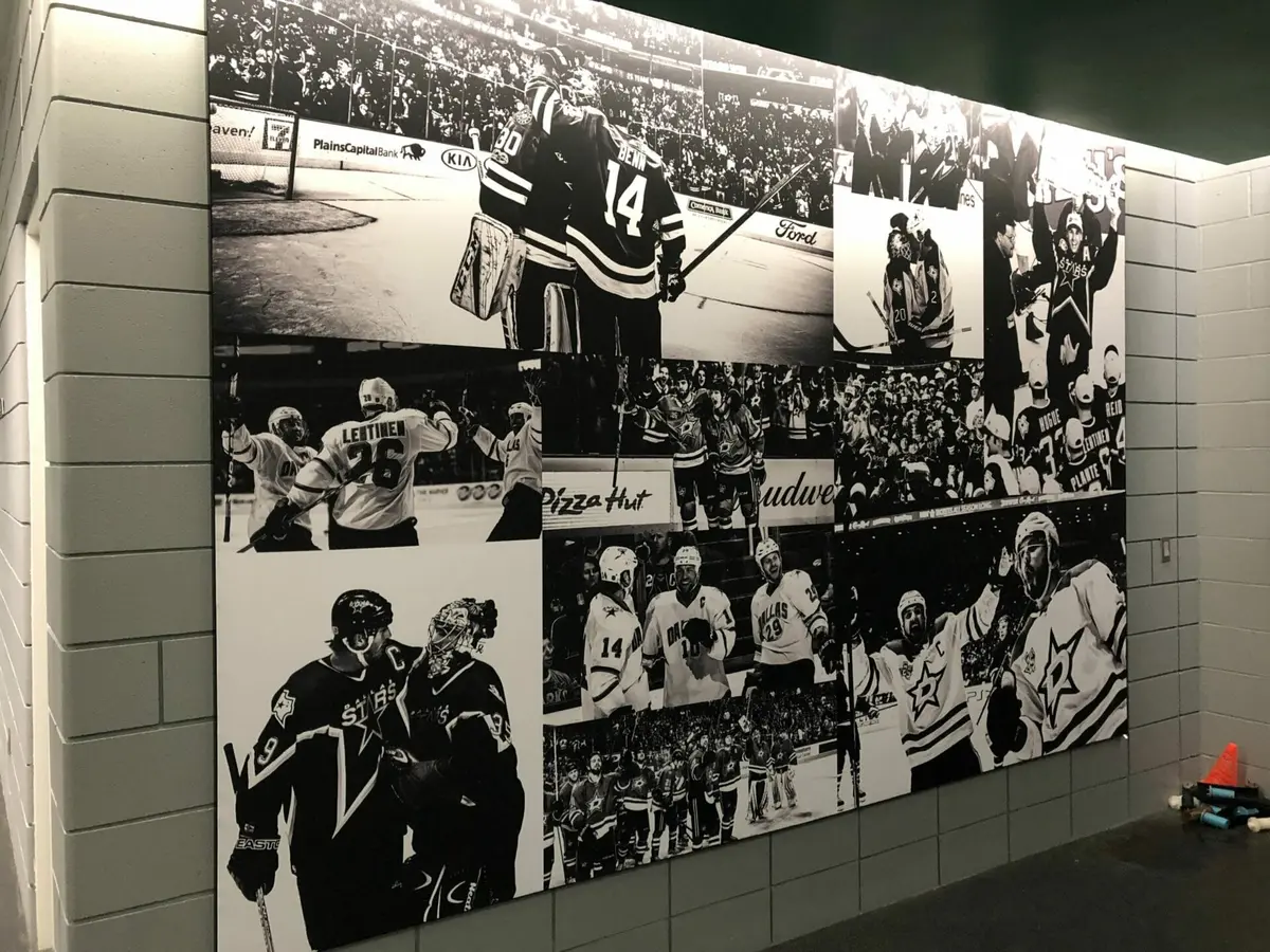 Black and white photo collage wall mural of Dallas Stars history printed in Dallas