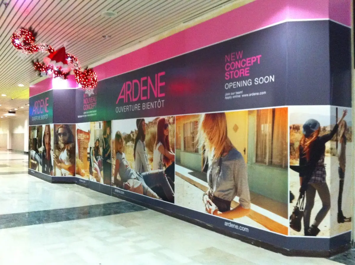Ardene retail barricade graphics printed large format for a mall storefront opening