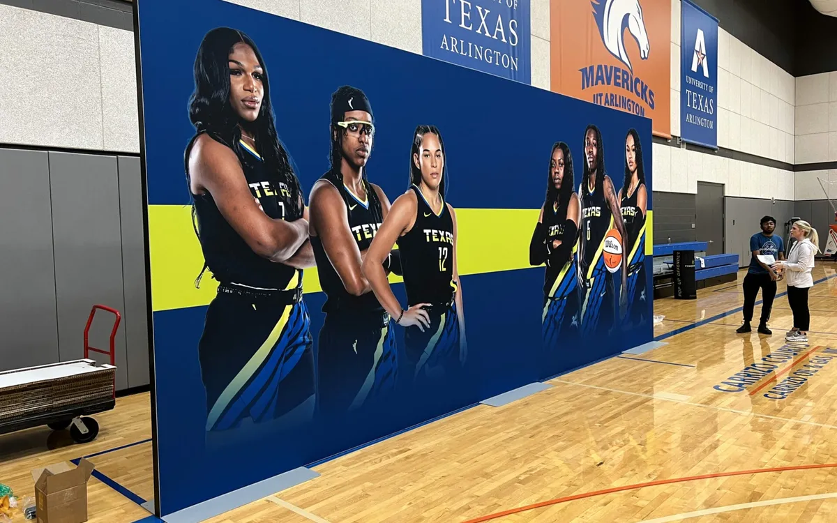 Large SEG fabric backdrop wall printed for the Dallas Wings at UT Arlington by Positive Marketing USA