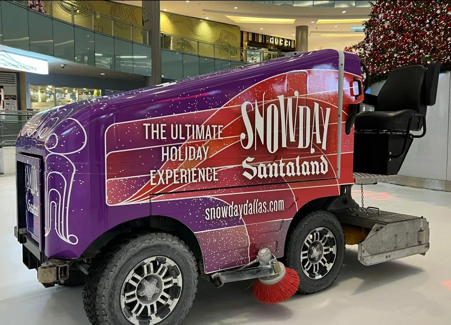 Snowday Santaland Zamboni wrap installed in a Dallas shopping mall ice rink