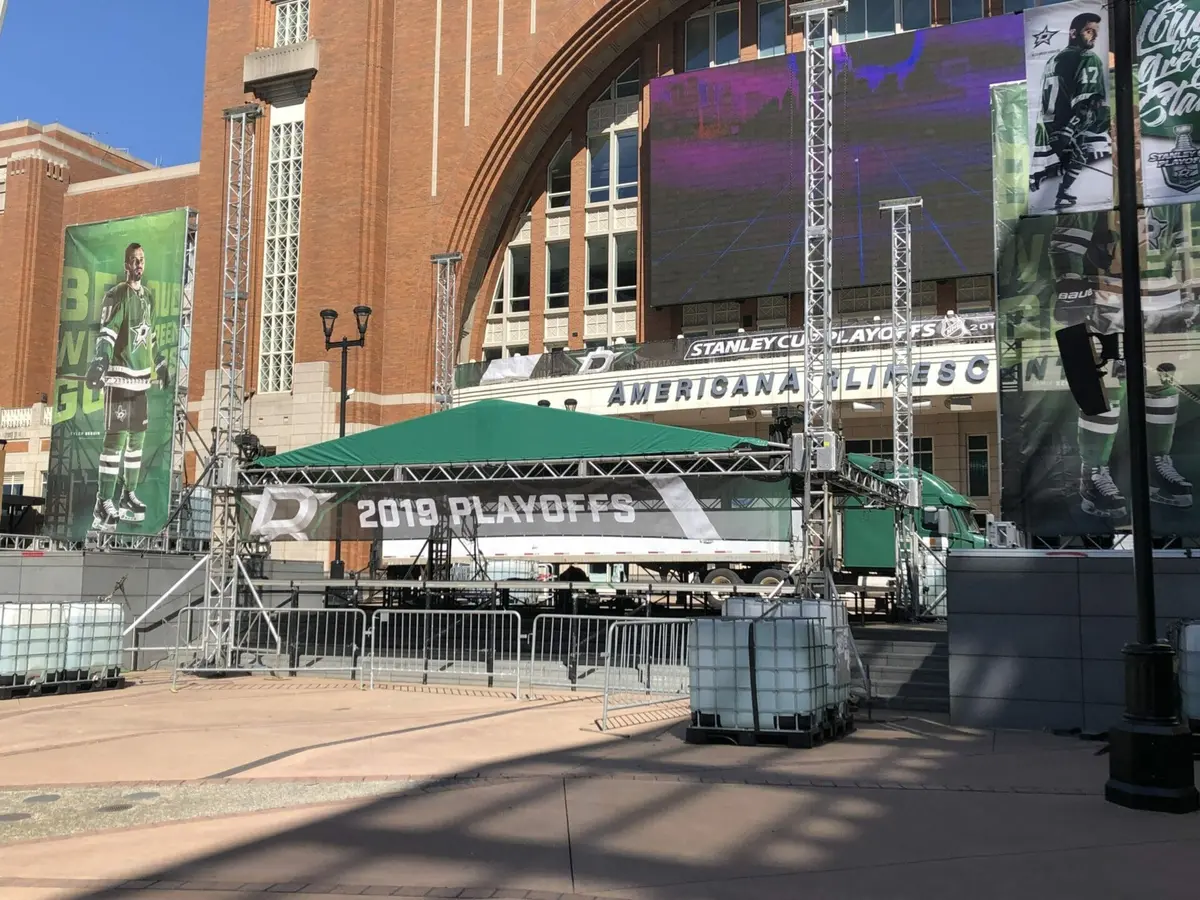 Stanley Cup Playoffs stage banner and truss structure printed large format outside American Airlines Center Dallas