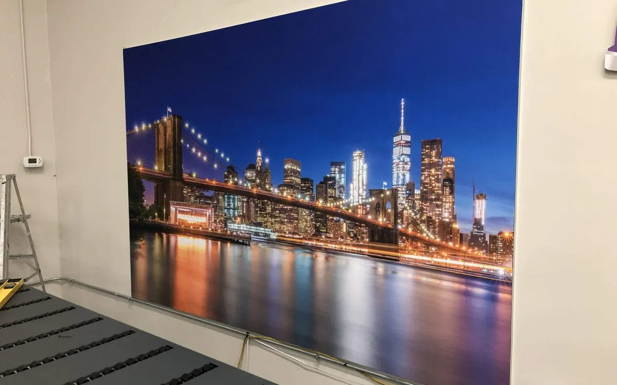 Tension fabric wall mural of the Brooklyn Bridge printed in Dallas